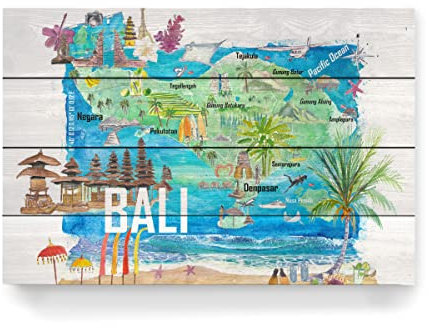 artboxONE Holzbild 60x40 cm Reise/Strand und Meer Bali Illustrierte Insel-Reisekarte von Künstler artshop77