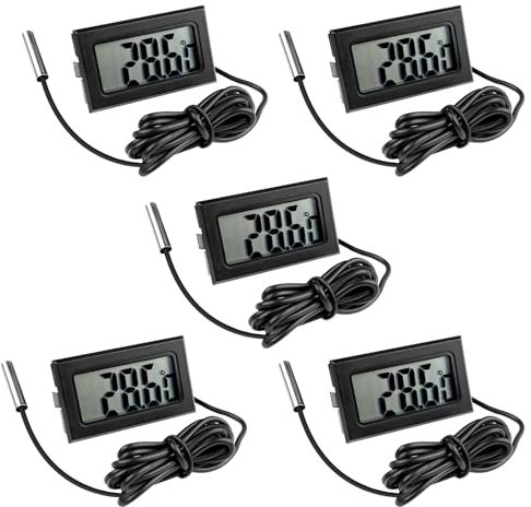 Gvolatee 5 Pezzi Termometro Digitale, Sonda Termometri per Frigo Acqua, Mini LCD Termometro Digitale Monitor di Temperatura con Sonda Esterna Impermeabile per Frigorifero Congelatore Acquario