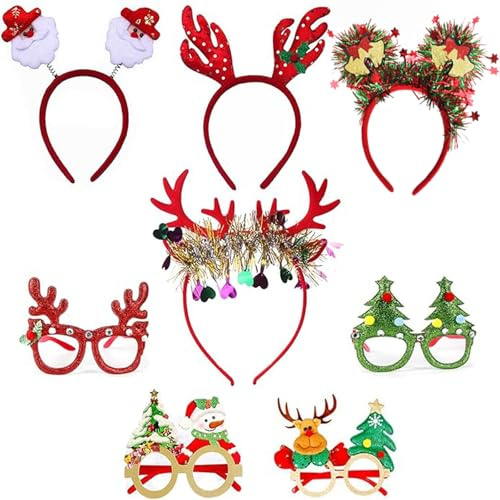 Gxlaihly 8 Stück Weihnachten Brillen und Weihnachten Haarreif,Weihnachten Stirnbänder Weihnachten Brille,Haarschmuck für Weihnachtsfeiern Cosplay,Rentier Haarbänder Weihnachten Geschenk Party Supplies
