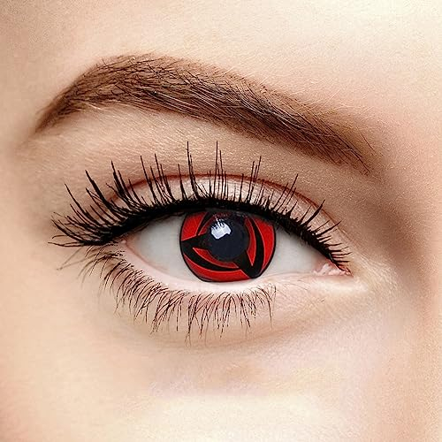1 Paar Farbige Anime Sharingan Kontaktlinsen Kakashi in rot schwarz perfekt zu Manga Hereos of Cosplay, Halloween mit gratis Kontaktlinsenbehälter rote 1 Monatslinsen ohne Stärke