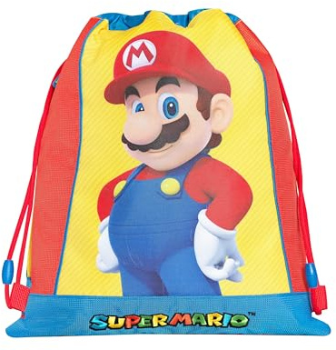 SUPER MARIO - Sacca Coulisse Ufficiale Super Mario, Compatta e Versatile, Retro in Rete e Tasca Chiusa con Zip, Ideale per Palestra, Scuola, Viaggi, Portamerenda, Idea Regalo Bambini, 34x42 cm