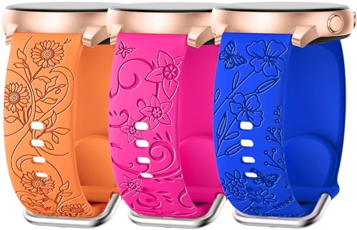 AMSKY 3 Stück Floral Gravierte Armband Kompatibel mit Samsung Galaxy Watch 7/6/5/4 40mm 44mm, Watch 6/4 Classic 43mm 47mm 42mm 46mm, 5 Pro 45mm, 3 41mm, FE 40mm, 20mm Silikon Armbänder für Damen
