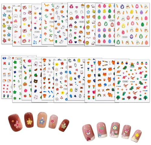 20 Fogli Adesivi per Unghie Autoadesivi, Cartoon Nail Art Decals, DIY Nail Stickers, Decorazioni per Punte Delle Unghie per Bambini, Nail Art Decorazione per Donne Ragazze Adulti Bambini