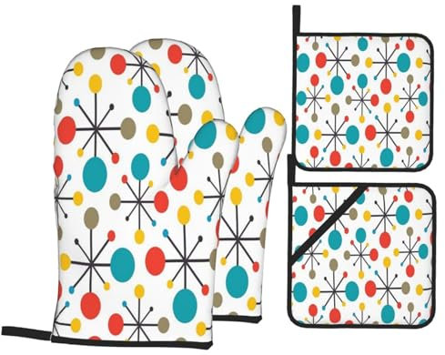 4 Stück Ofenhandschuh Und Topflappen Set Vintage Moderne Mid Century Linien Geometrisch Grillhandschuhe Anti-Rutsch Topfhandschuhe Hitzebeständige Ofenhandschuh Für Backen, Die Küche