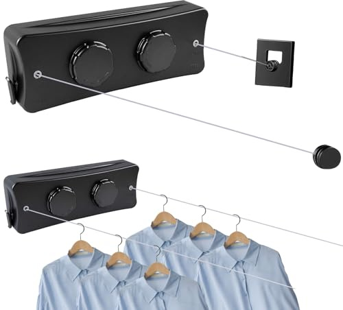Yallmie Wäscheleine Ausziehbar Wand, Edelstahl 2 * 5.1 M Doppelseil Ausziehbare Wäscheleine Wand max. 22kg Nicht DurchhäNgende Einziehbare Wäscheleines für Balkon Hotel Wäschekammer
