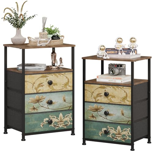 VEDECASA Lot de 2 commodes à 3 tiroirs et étagère ouverte Armoire commode Coiffeuse bohémienne Armoire de rangement Table de chevet Table d'appoint pour salon chambre à coucher Cadre en acier stable