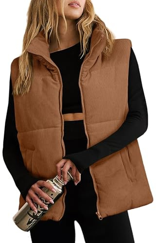 TUREAU Women Corduroy Quilted Puffer Vest Stand collar Zip Up Vest with Pockets Fall Winter Vests for Women 2026 Trendy (US, Alpha, Medium, Regular, Regular, Brown)