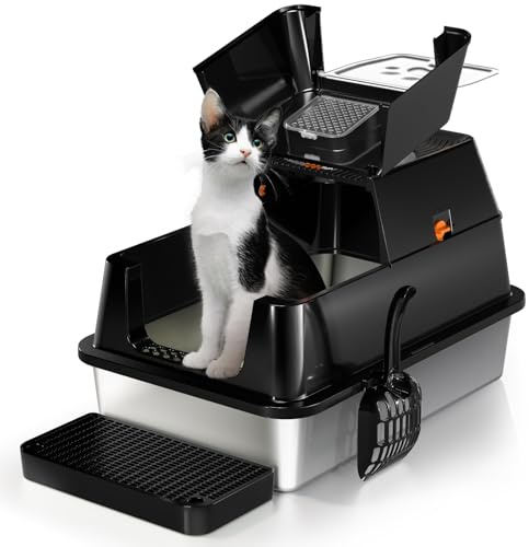 Eosarcu Stainless Steel Cat Litter Box with Lid, 180° Flip-Top XL Extra Large Enclosed Litter Box, Covered Metal High Sided Litter Pan with Steps & Scoop, Easy Cleaning, Odor Control,Non-Sticky-Black