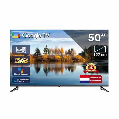 TEEVIEW Google Smart TV | 4K UHD | 50”/127cm | Frameless Design | Tripple Tuner DVB-T/T2/S/S2/C | • HDMI x3, USB x2, CI+ | Sprachsteuerung & Streaming-Apps | In Eindhoven montiert | TV50QUG-EU