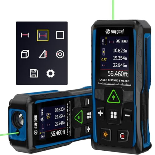 Green Laser Distance Meter Digital Laser Measure with Angle Sensor, 4-Way Rotating Backlit LCD, Pythagorean Mode, Unit Switch, 3mm Accuracy, Handheld Measuring Tool, 328Ft Range