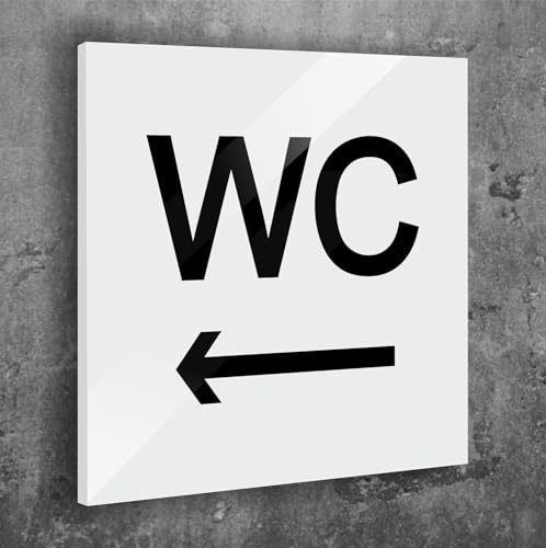 Türschild WC Schild Pfeil Links Weiß Matt Selbstklebend UV Druck 12 x 12cm - 3mm Aluverbund - Made in Germany Art.Nr. W 2016
