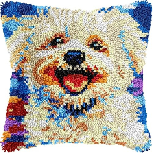 AxiangziK Tier Hund Knüpfkissen Zum Selber Knüpfen,Farbiger Bichon Frisé,DIY Kissen Kissenbezug Kreuzstich Latch Hook Kit Handwerk Handarbeiten Erwachsene Kinder Kunsthandwerk,17x17in
