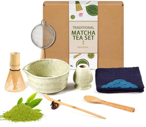Hafuvool Japanese Matcha Tea Set - 8 Pcs Ceramic Matcha Bowl & Bamboo Whisk Kit with Chasen, Scoop, Sieve - Traditional Matcha Making Tools for Tea Ceremony - Gift for Tea Lovers