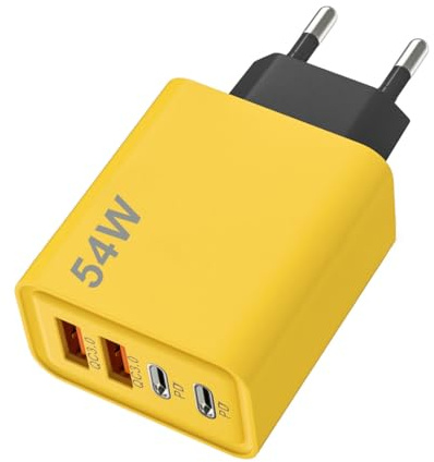 Tomedeks Cargador USB C, 54W 4 Puertos Enchufe USB,PD+QC 3.0, Cargador Carga Rapida para iPhone, Samsung,Xiaomi,Huawei(Amarillo)