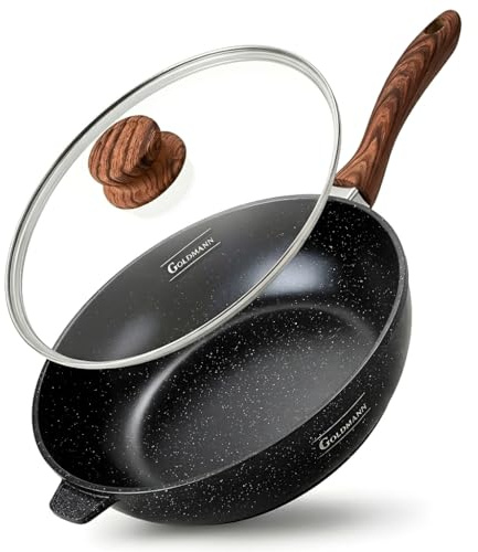 Goldmann Sartén honda de 28 cm, de aluminio fundido antiadherente con tapa, revestimiento cerámico efecto mármol, apta para inducción y todo tipo de cocinas, libre de PFOA.