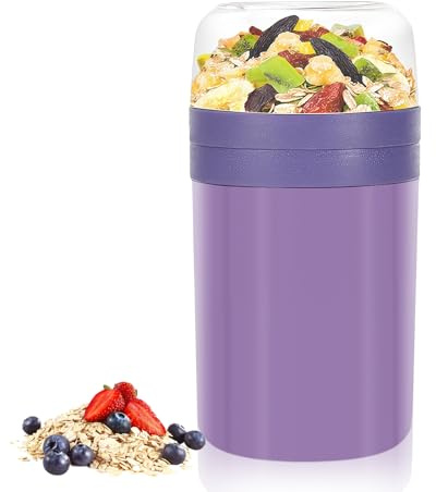 Zikenis Müslibecher 520ml+250ml, 2-in-1 Joghurtbecher, Praktischer Joghurtbecher, Cornflakes-Becher, Doppellagiger Auslaufsicherer, Geeignet für Schule, Arbeit, Reisen (Lila)