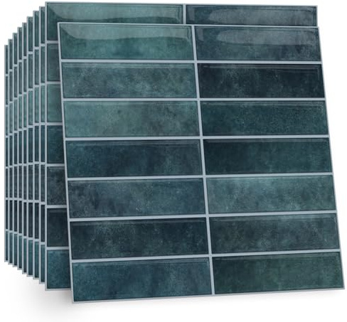 TOARTi 10 Sheets 2D Blue Green Self Adhesive Wall Tiles,12×12inch Stick On Wall Tiles Kitchen Splashbacks for Walls,Tile Stickers Peel and Stick Backsplash Splashback Decals Tile