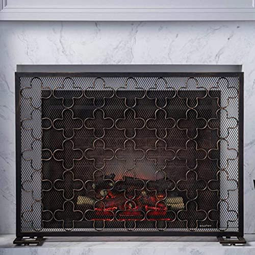 KOIAMVZW Parascintille Nero Indipendente, Parascintille in Ferro Verniciato a Polvere con Griglia Fine a Motivo a Piccoli Fiori, Parafuoco per Camino e Stufa Decoration