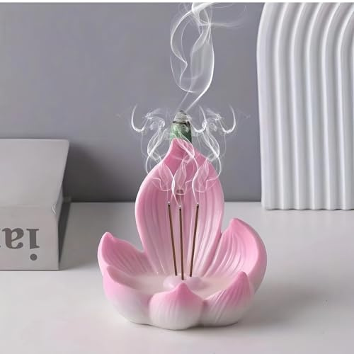 Lotus Räucherstäbchen Halter, 2-in-1 Harz Lotus Räucherstäbchenhalter für Yoga Meditation, Zimmer Deko Aesthetic Incense Holder, Rückfluss Räucherstäbchen Halter für Zuhause Büro Yogastudio (Rosa)