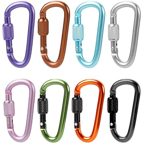 Aluminum Carabiner Clip, Locking Keychain Hook with Screw Gate, 2.2' D Ring Carabiner, Rust-Proof, Suitable for Key, Camping, Hiking, Backpacking, Hanging & Other Outdoor Activities (8Pcs)
