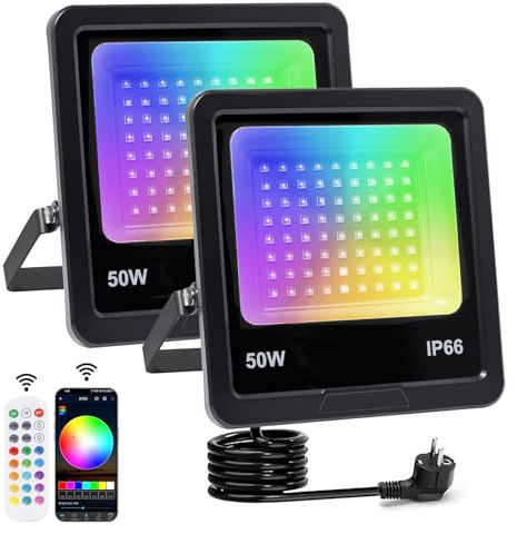 Foco LED RGB Exterior 50W, Regulable Foco LED con APP Bluetooth y Mando a Distancia 2.4G, IP66, 16 Millones de Colores DIY, Para Jardín, Fiestas, Pascua, Halloween (2 PC)