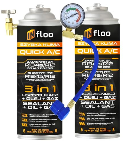 INfloo Quick A/C 2× R134a 3-in-1 Kältemittel + Öl + Dichtmittel + Füllschlauch mit Manometer + Handschuhe | Für Fahrzeuge bis 2016 | Ersatz für R134a