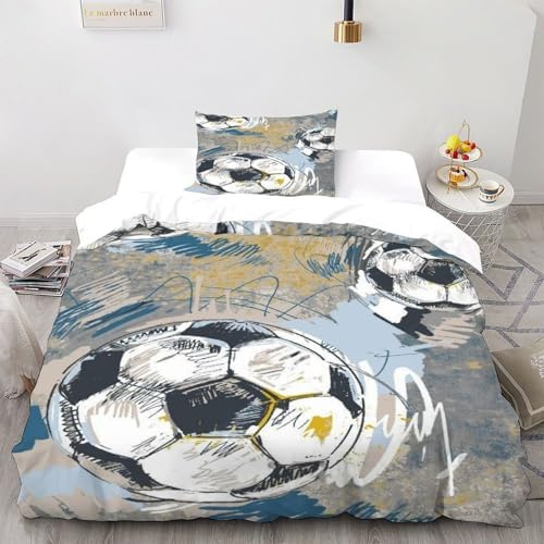 fútbol Ropa De Cama para Infantil Tema Artee 2 Piezas Microfibra Suave Transpirable De Fundas Edredón,100% Algodón Puro,Antialérgico Single（135x200cm）