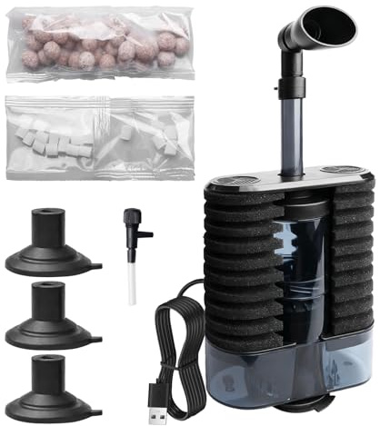 Akvarium svampfilter, 1 W tyst akvariefilter, USB-justerbart akvariumfilter med 200 L/H vattenpump, med kvartsboll, virvellager, fisktankfilter för akvarier upp till 80 l