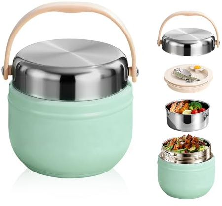 Udbrud Boîtes Alimentaires Isothermes 1200ml, Isotherme Repas Chaud avec Cuillère Pliante, Acier Inoxydable Récipient Isotherme Boîte à Lunch Thermique pour École, Bureau, Extérieur