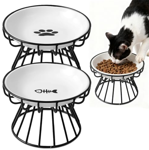 2 stycken kattskålar, upphöjd med metallstativ, kattskålset med förhöjd kattskål av keramik, upphöjd matskål för katter, kattskålar för foder vatten