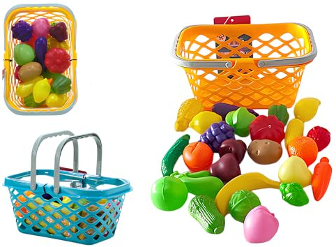 Maxi Cestino Cucina Giocattolo per Bambini Frutta Verdura Piatti Posate Tagliere Giocattolo Giocattolo Educativo Montessori Maxi Cestello da Cucina con Cibo Accessori Portaoggetti Grande cm27 (B)