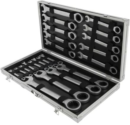 AUXSL Juego de 22 llaves combinadas fijas, 6-32 mm, con maletín de herramientas, kit portátil de boarder fijo, llaves de anillo, llaves de estrella con maletín para taller, bricolaje