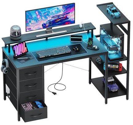 YOUDENOVA Gaming Schreibtisch mit 4 Stoff Schubladen, 130x48cm Reversibel Computertisch mit LED & Steckdose, Bürotisch mit Monitorständer, USB-Anschluss，PC Tisch für Home Office & Gamer Schwarz