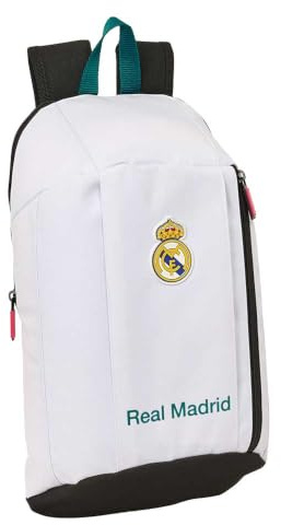Safta | Mini Mochila Escolar Real Madrid Equipación 26/27 con Cremallera Vertical, Espalda y Hombreras Ergonómicas Acolchadas, Asa Superior, Bolsillo Frontal, Niño y Niña, Medidas 22x10x39 cm