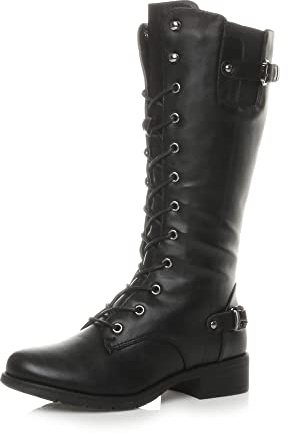 Ajvani Womens Ladies Low Heel lace up Zip Biker Military Calf Boots, Black Matte, 6 UK