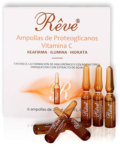 REVE Ampollas Proteoglicanos con Vitamina C - Acción reparadora, reafirmante y antioxidante - Hombre y Mujer - Día o Noche - Cosmética de Calidad, sin Parabenes - Estuche 6 Ampollas