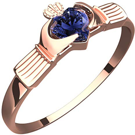 GWG Jewellery 18K Roségold vergoldetes Claddagh Ring mit herzförmigem Saphierblauem Stein unter Krone in Geschenkbox für Frauen