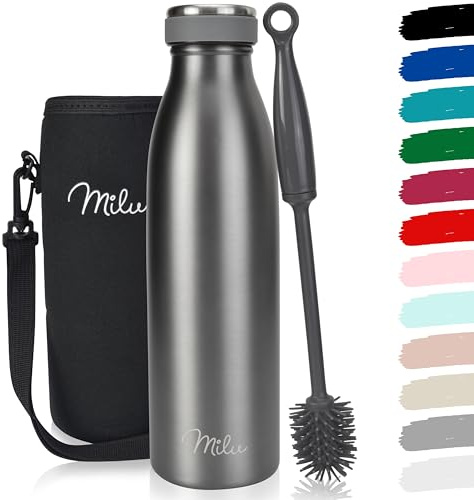Milu Edelstahl Trinkflasche 350ml 500ml 750ml 1L 1,5L Thermosflasche, Isolierte Wasserflasche, Auslaufsichere Isolierflasche doppelwandig, Kohlensäure geeignet – inkl. Reinigungsbürste (Grau, 500ml)
