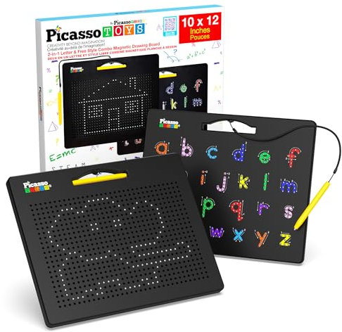 PicassoTiles 2-in-1 Lavagna magnetica da disegno fronte-retro lettere dell'alfabeto minuscole e stile libero scrittura lettura tavola da gioco 30,5 x 25,4 cm grande magnete tablet pad open-end STEAM