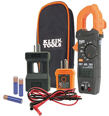 Klein Tools CL120KIT Clamp Meter Electrical Test Kit, AC Auto Ranging 400 Amp, Backlit Display, Includes GFCI Tester-Line Splitter-Pouch-Leads-3 x AAA
