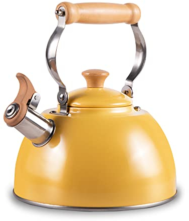 ROCKURWOK Tea Kettle, Tea Pot with Cool Touch Ergonomic Handle, Teapot Food Grade Stainless Steel, Tea Kettle Stovetop, Kettle Teapot, Whistling Tea Kettle, Tea Pot, 2.7 Quart (Yellow)