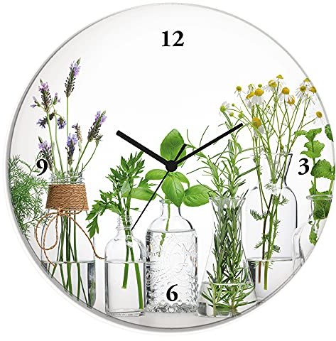 ARTLAND Wanddeko Wanduhr ohne Tickgeräusche Glas Quarzuhr Ø 30 cm Rund Lautlos Küche Kräuter Gewürze Skandinavisch Landhausstil H9KE