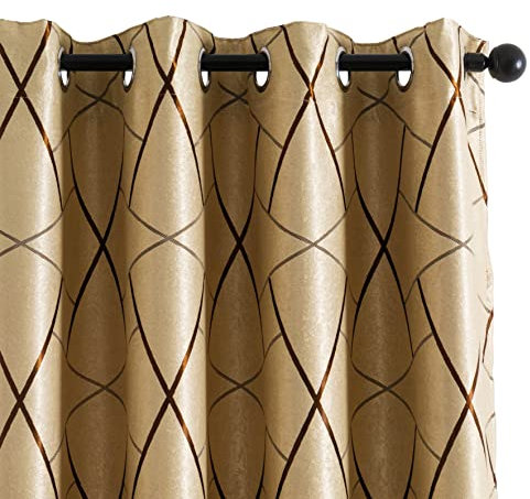 GIRASOLE HOME® Coppia Tende Beige Semi Oscuranti Fantasia Geometrica Marrone Tenda Isolante per Soggiorno Camera Ufficio Balcone Porta Finestra 2 Pannelli con Occhielli (Beige e Marrone, 140x280cm)