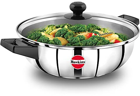 Hawkins 3 Litre Cook n Serve Frying Pan, Stainless Steel Fry Pan with Glass Lid, Induction Frying Pan, Frypan for Cooking and Serving, Silver (SSF3LG)