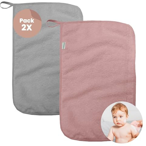MIMUSELINA Set 2 Asciugamani Asilo Bambina in Cotone di Spugna Assorbente - Riutilizzabili, 35 x 23 cm con Grammatura di 450 gr (Rosa/Grigio)