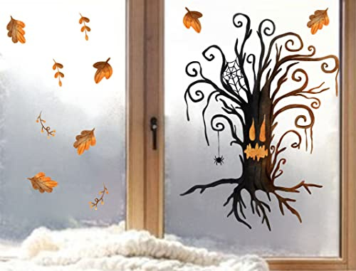 wolga-kreativ Fenstersticker Fensterbilder Glasdekorfolie Motiv Fensterfolie Fenstertattoo Herbst Halloween Kinder Baum Geist Aufkleber Sticker Fenster