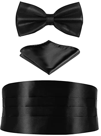 FAVOMOTO Kummerbund Schwarz Kummerbunde mit Fliege und Einstecktuch Formelle Satin e für Männer, 3er Set Schärpe Verstellbar Band 1 Set Herren Fliege Einstecktuch