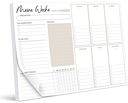 BIROYAL Wochenplaner Block A4 ohne festes Datum (50 Seiten), Schreibtischunterlage mit ToDo Liste, Wochenkalender Wochen Planer mit Wochenübersicht&Habit-Tracker für Termine, Aufgaben& Notizen