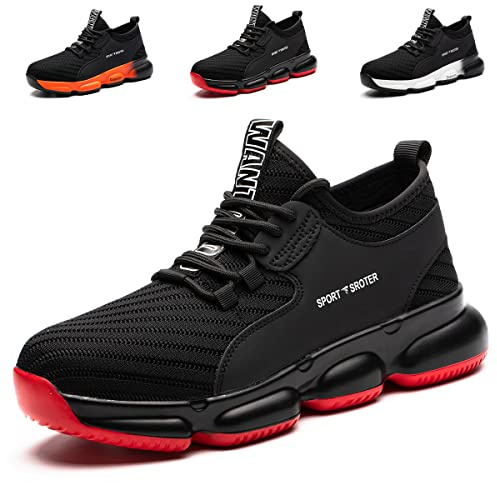 Xleeyt Safety Trainers Men Women Steel Toe Cap Trainers Safety Shoes Work Trainers Lightweight Non Slip Work Safety Boots Industrial Protective Sneakers Black Red 5.5 UK