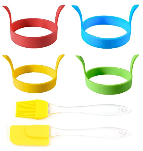 IOSPKKIO® 4 Stück Eierformen,mit Geölter Pinsel & Schaber,Omelette-Pfannen-Set, Silikon-Eierringe, Antihaftbeschichtung, Hitzebeständig, für Hamburger, Desserts (Blau,Gelb,Grün,Rot)